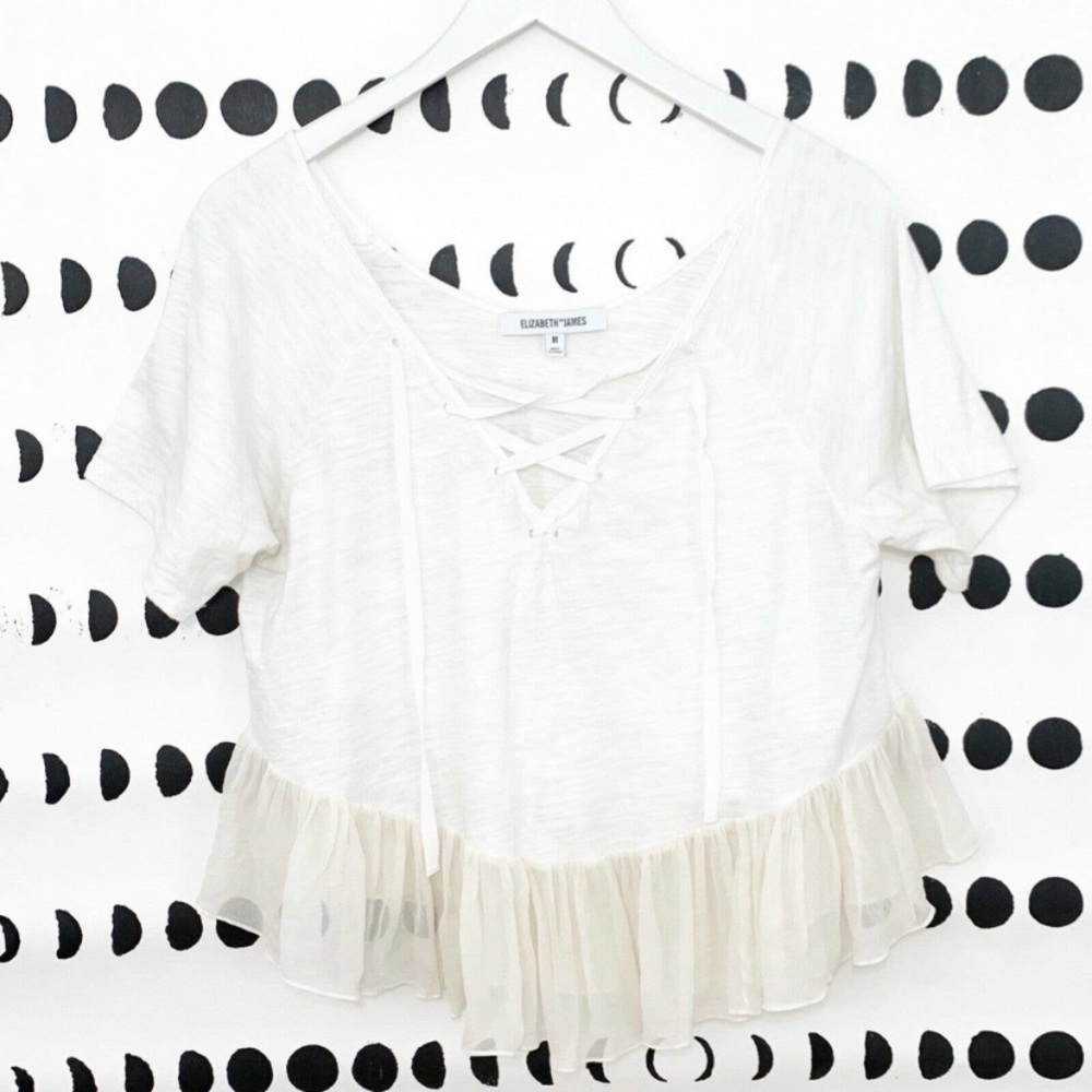Elizabeth & James White Lace Up Neck Ruffle Blouse